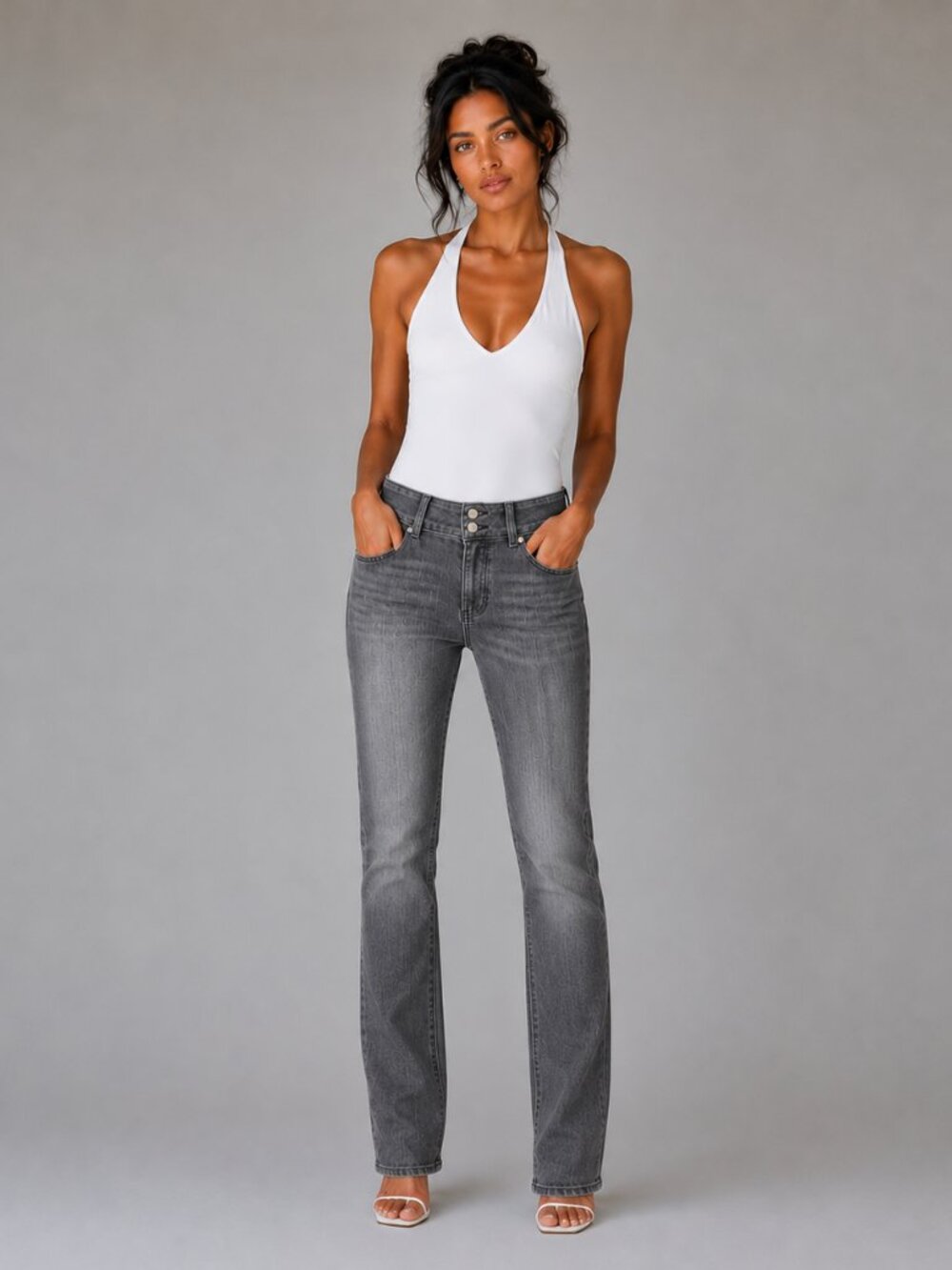 Straight Leg Mid Rise Jeans PAIGE W/29 Grey Double Button lightly used